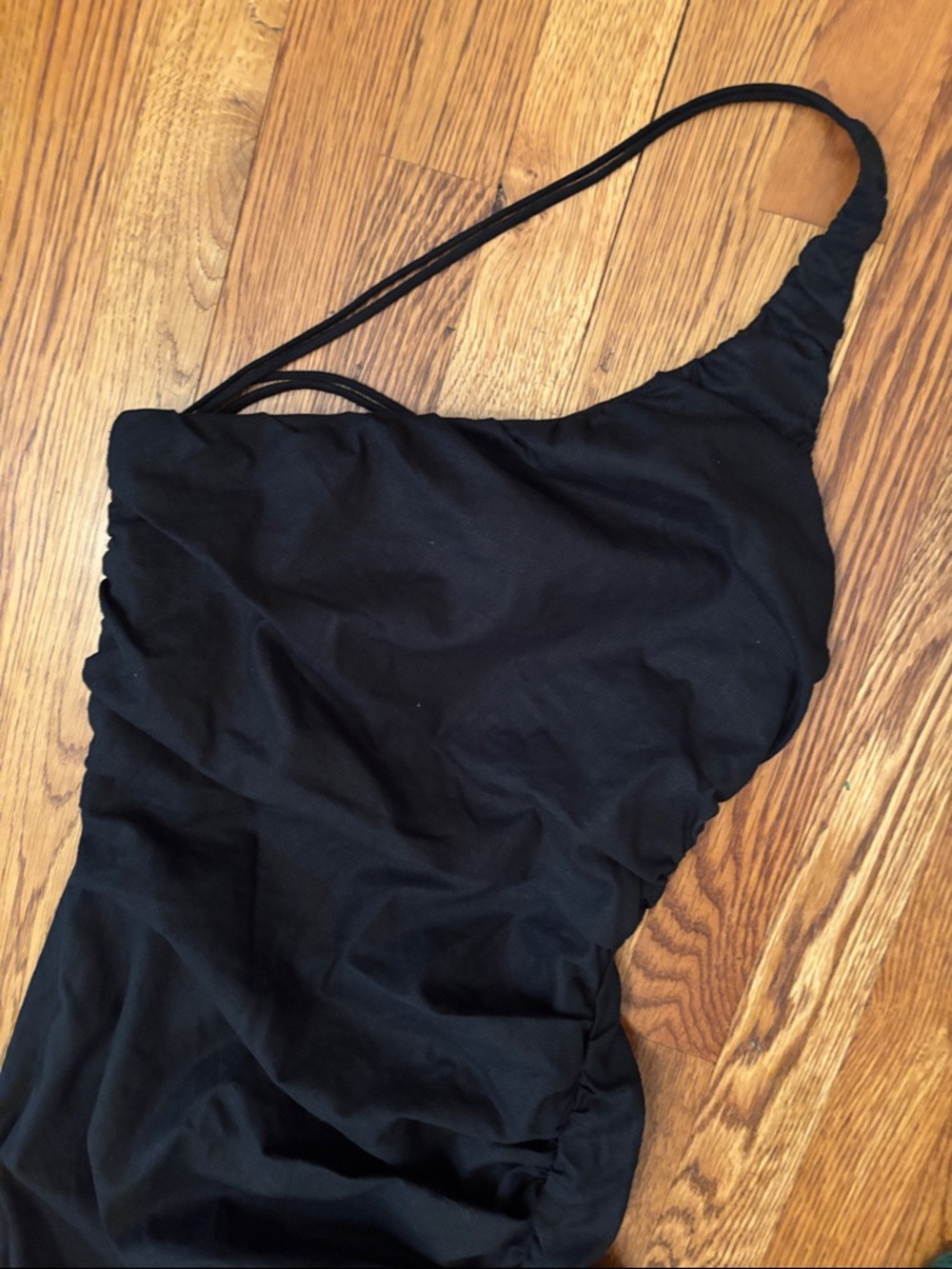 Zara draped ruched linen blend one shoulder front slit black midi dress sz.S - Picture 3 of 11